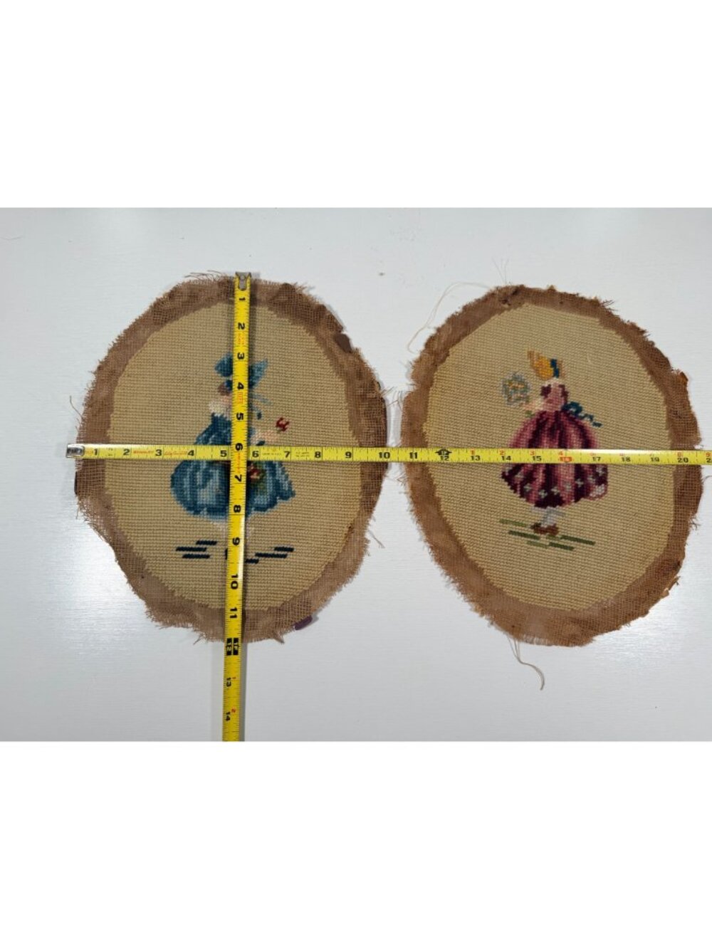 Vintage 2 Needlepoint Oval Victorian Dressed Ladies Bonnets Basket Flowers 10x8" - Picture 6 of 6